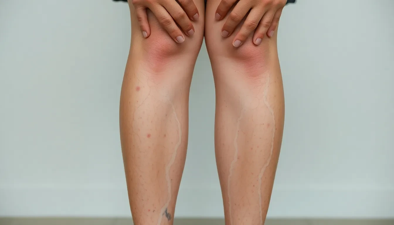 Person mit Besenreisern und Krampfadern, unsicher