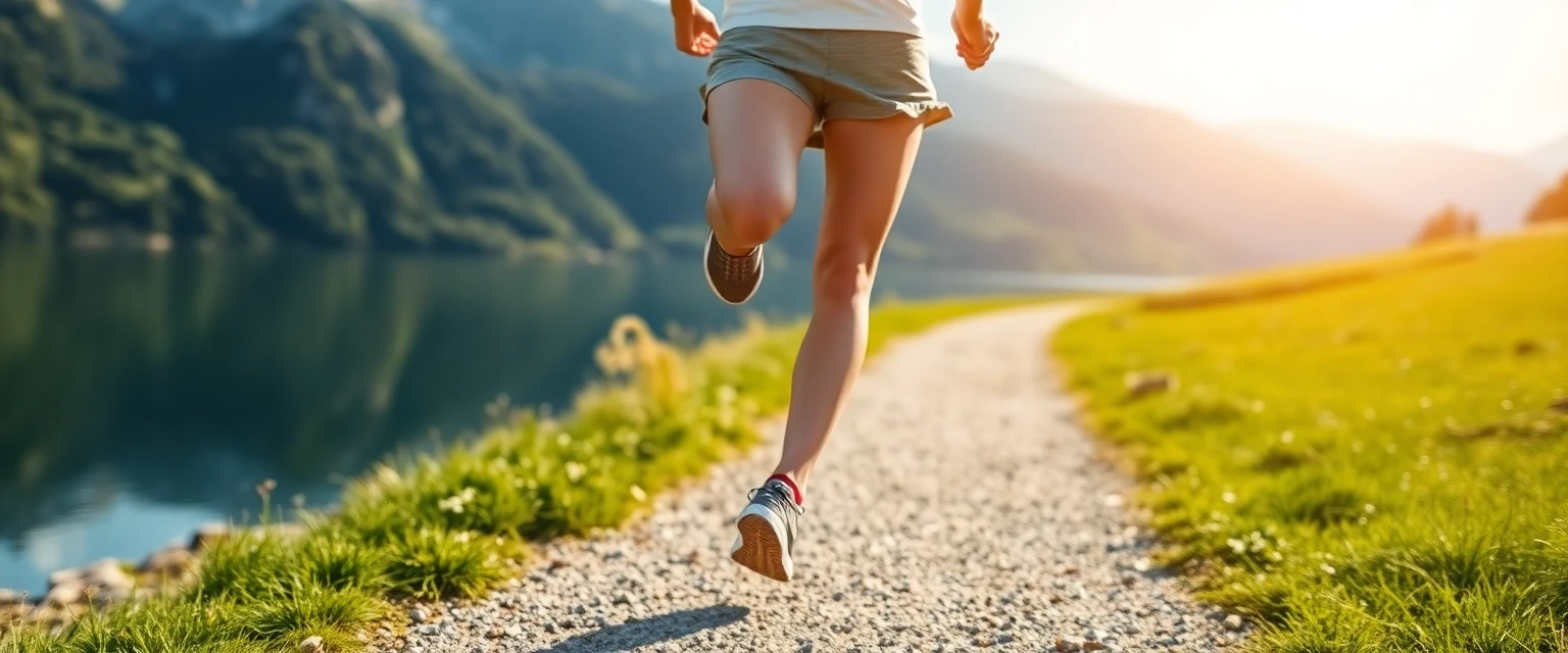 Frau mit gesunden, leichten Beinen läuft in Schweizer Landschaft
