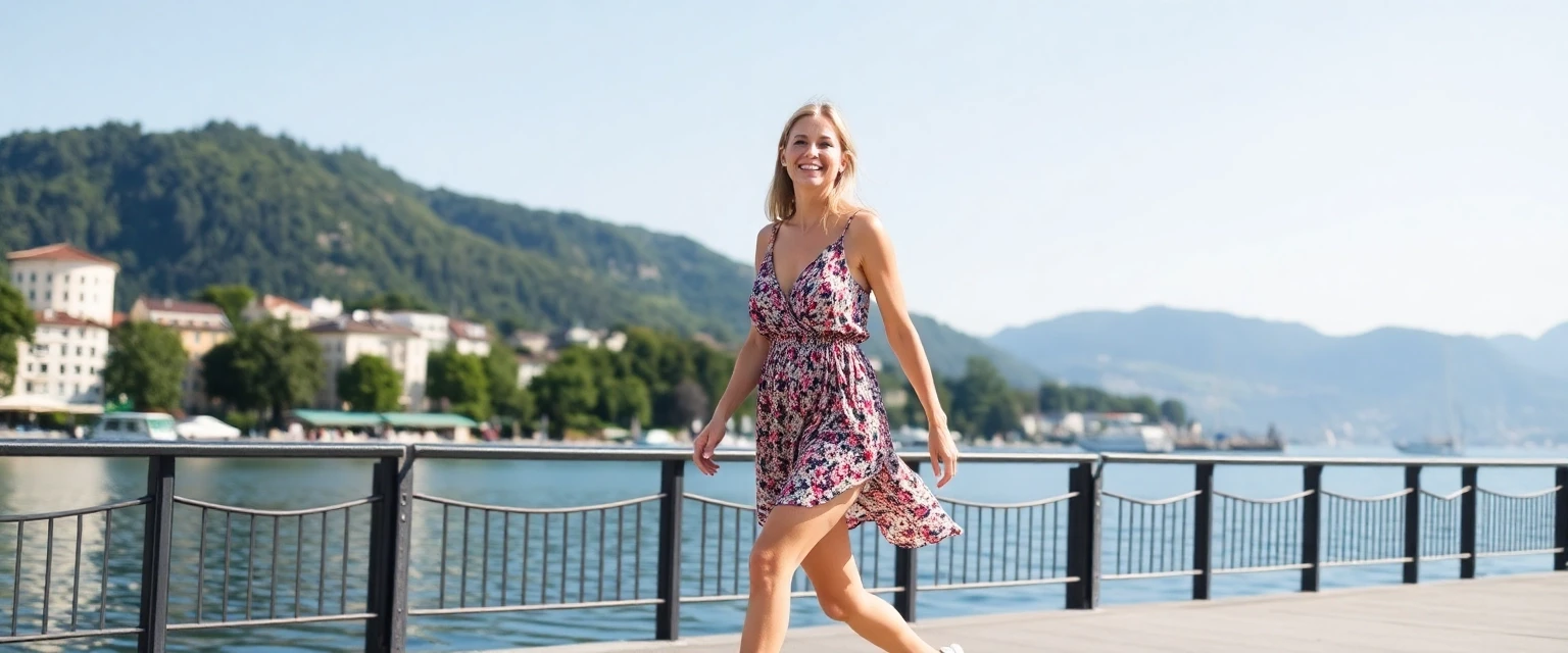 Glückliche Frau mit gesunden Beinen am Zürichsee