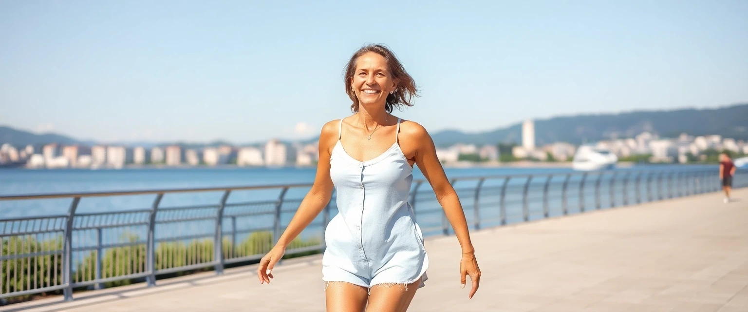 Glückliche Frau mit gesunden Beinen am Zürichsee nach Varikosis-Behandlung