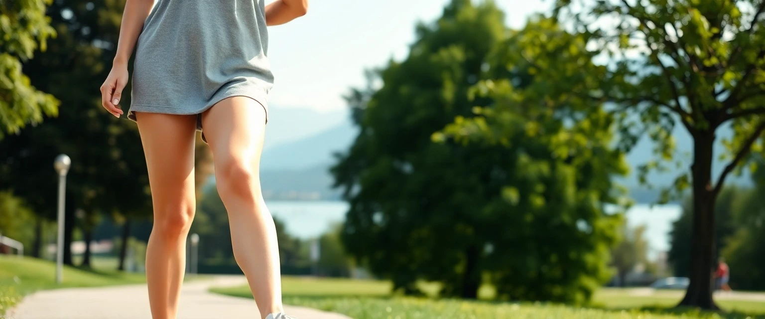 Frau mit gesunden Beinen, die selbstbewusst in einem Park in Zürich spaziert