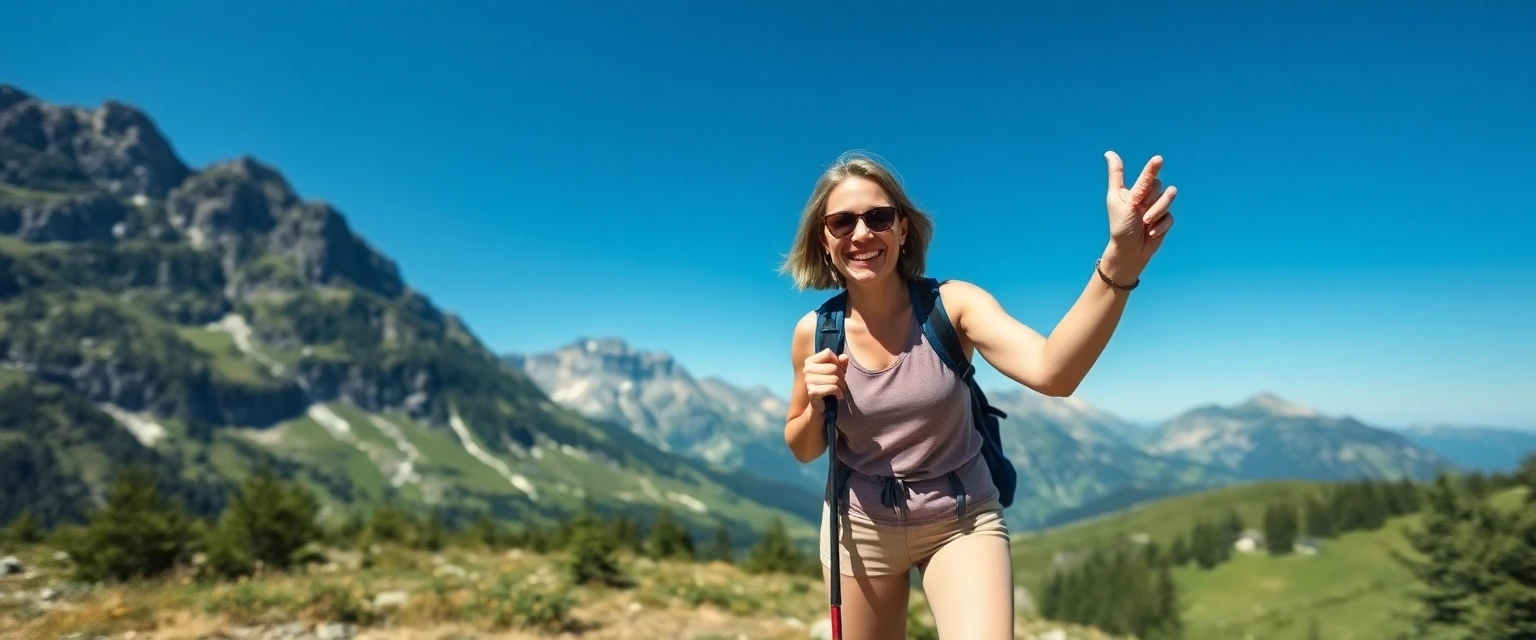 Glückliche Frau mit gesunden Beinen in den Schweizer Alpen nach einer Varizenentfernung