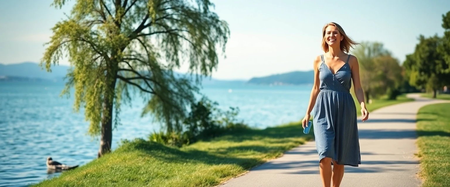 Frau mit leichten, gesunden Beinen am Zürichsee nach erfolgreicher Venenbehandlung