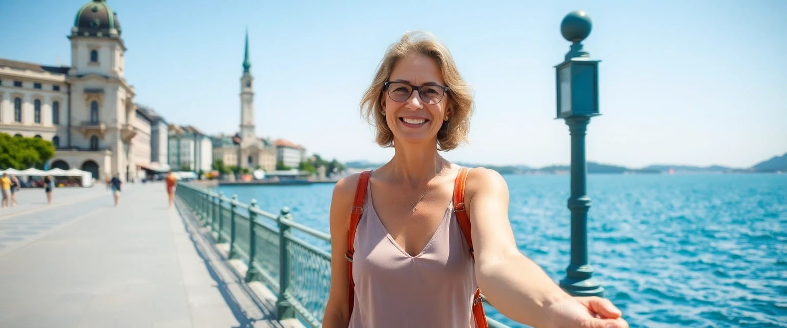 Frau mit gesunden Beinen am Zürichsee nach Venenbehandlung