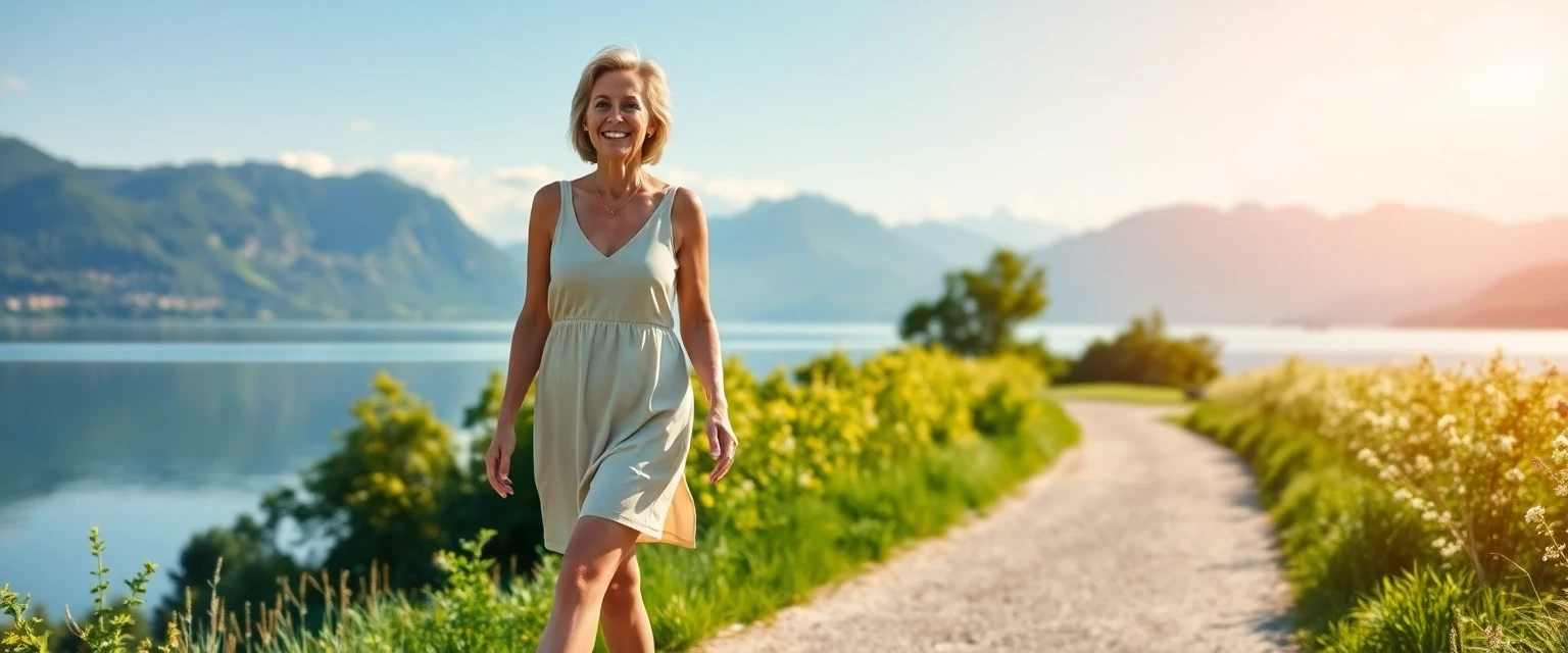 Frau mit gesunden Beinen vor Schweizer Bergsee