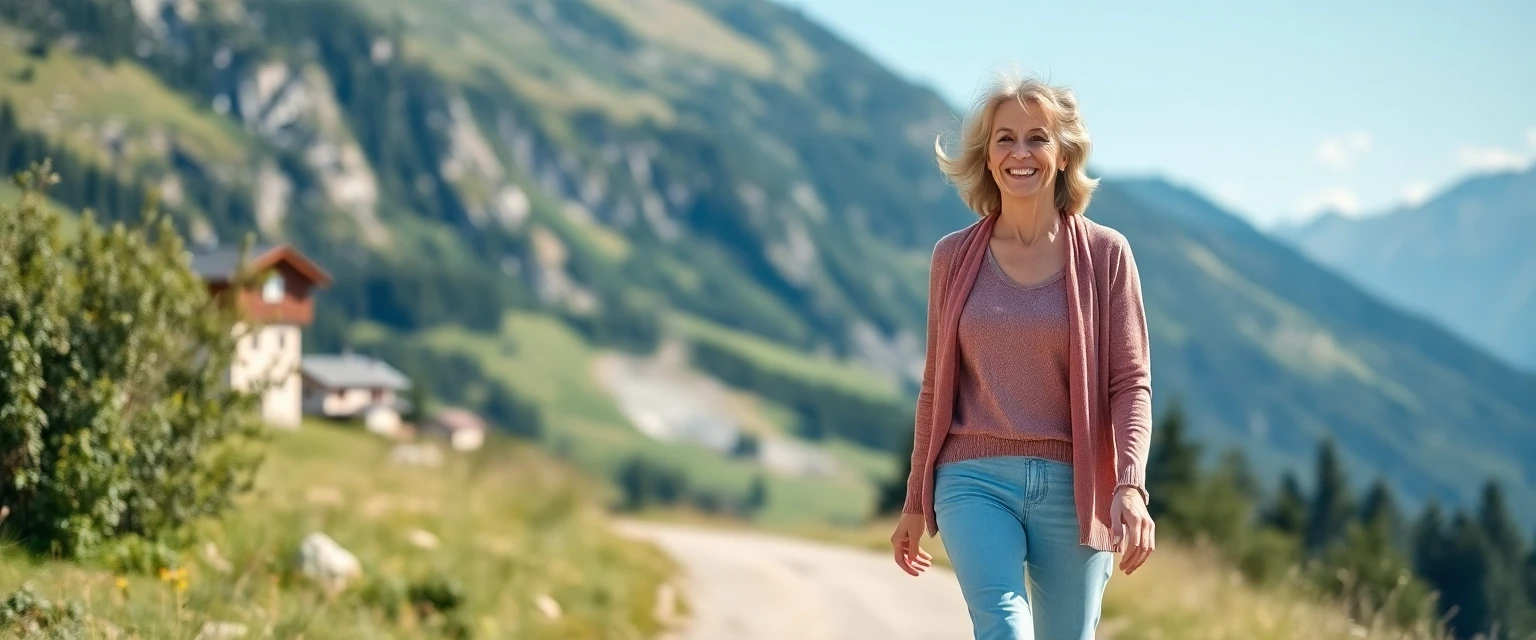 Frau mit gesunden, schmerzfreien Beinen in Schweizer Landschaft