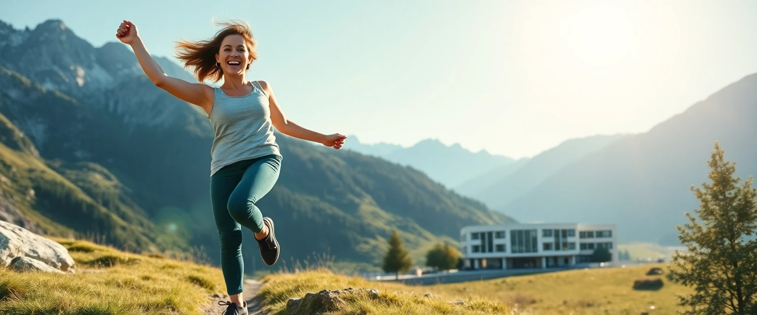 Glückliche Person mit gesunden Beinen beim Wandern in den Schweizer Alpen nach erfolgreicher Venenbehandlung.