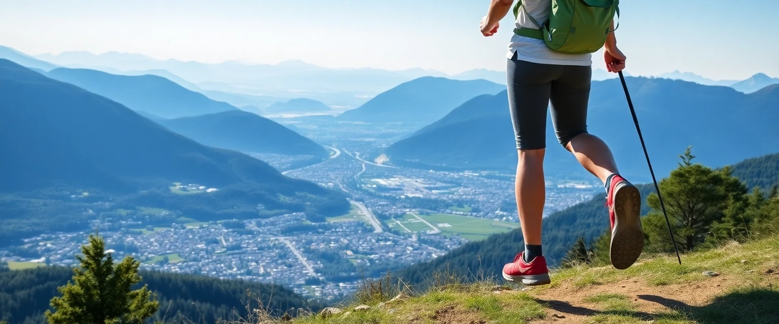 Glückliche Person mit gesunden Beinen beim Wandern in den Schweizer Alpen, Zürich im Hintergrund