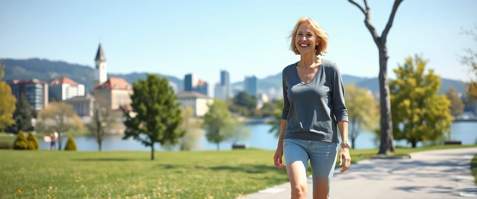 Frau mit gesunden Beinen geht selbstbewusst durch Zürich, nach erfolgreicher Venenbehandlung.