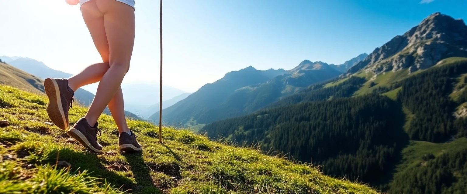 Glückliche Person mit gesunden Beinen beim Wandern in den Schweizer Alpen bei Zürich