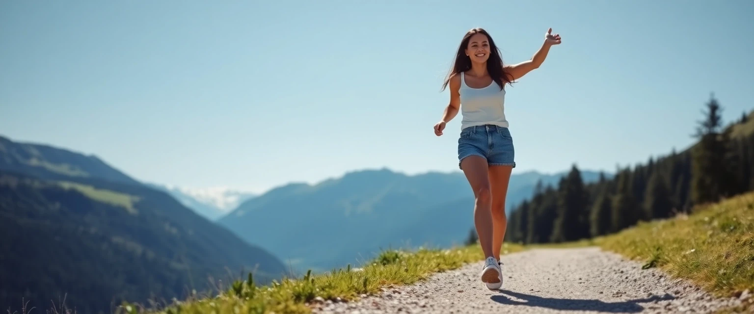 Glückliche Frau mit gesunden Beinen vor Alpenpanorama
