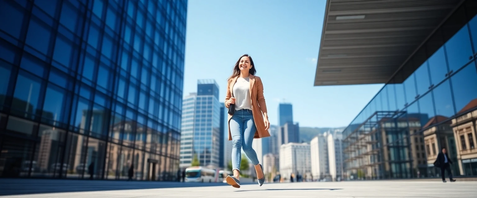Glückliche Frau mit gesunden Beinen vor Zürcher Skyline