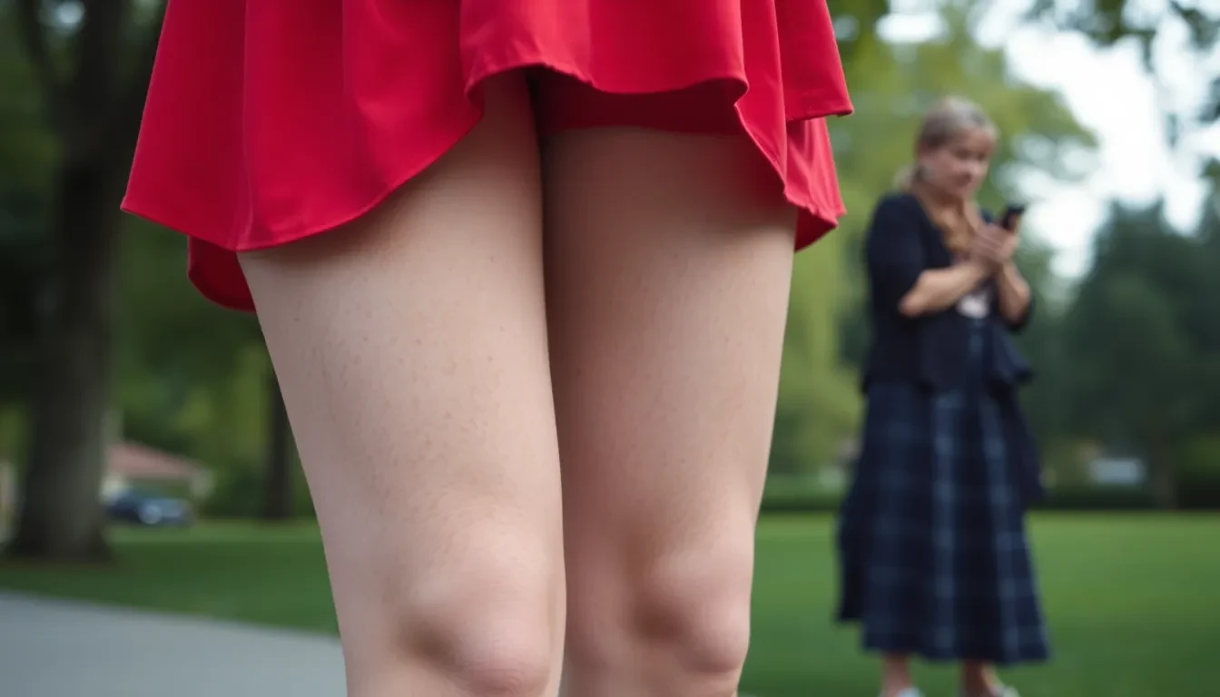 Person mit Besenreisern und Krampfadern, die sich unsicher fühlt