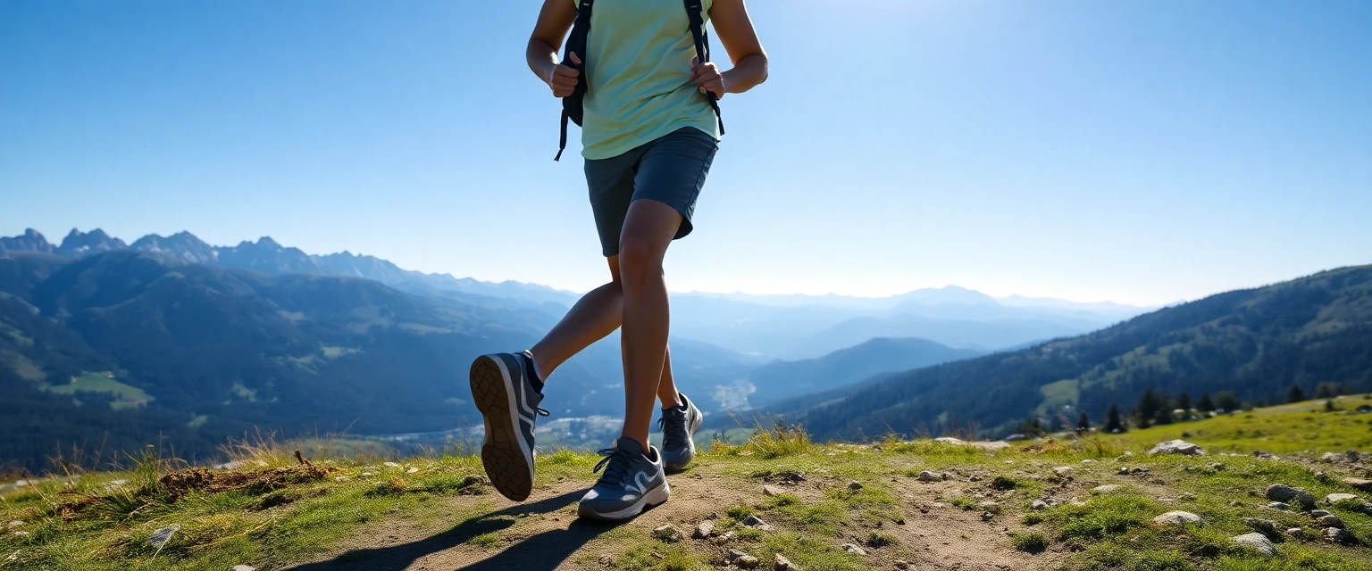 Glückliche Person mit gesunden Beinen beim Wandern in den Schweizer Alpen bei Zürich