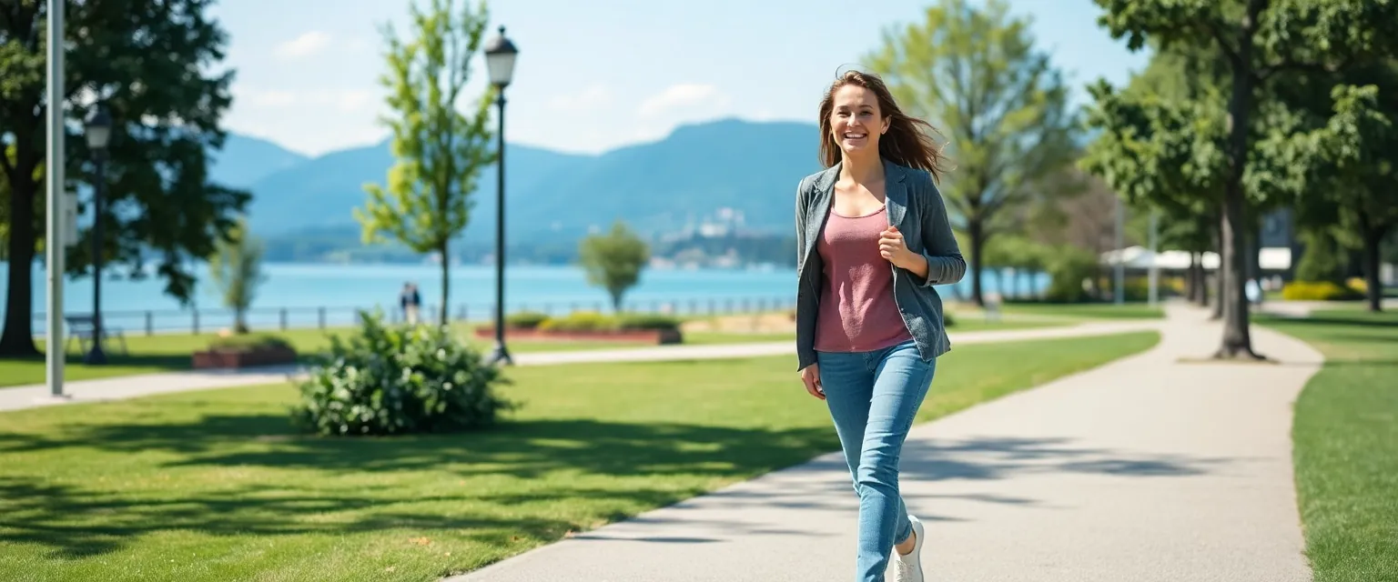 Frau mit gesunden Beinen, die selbstbewusst in Zürich spaziert