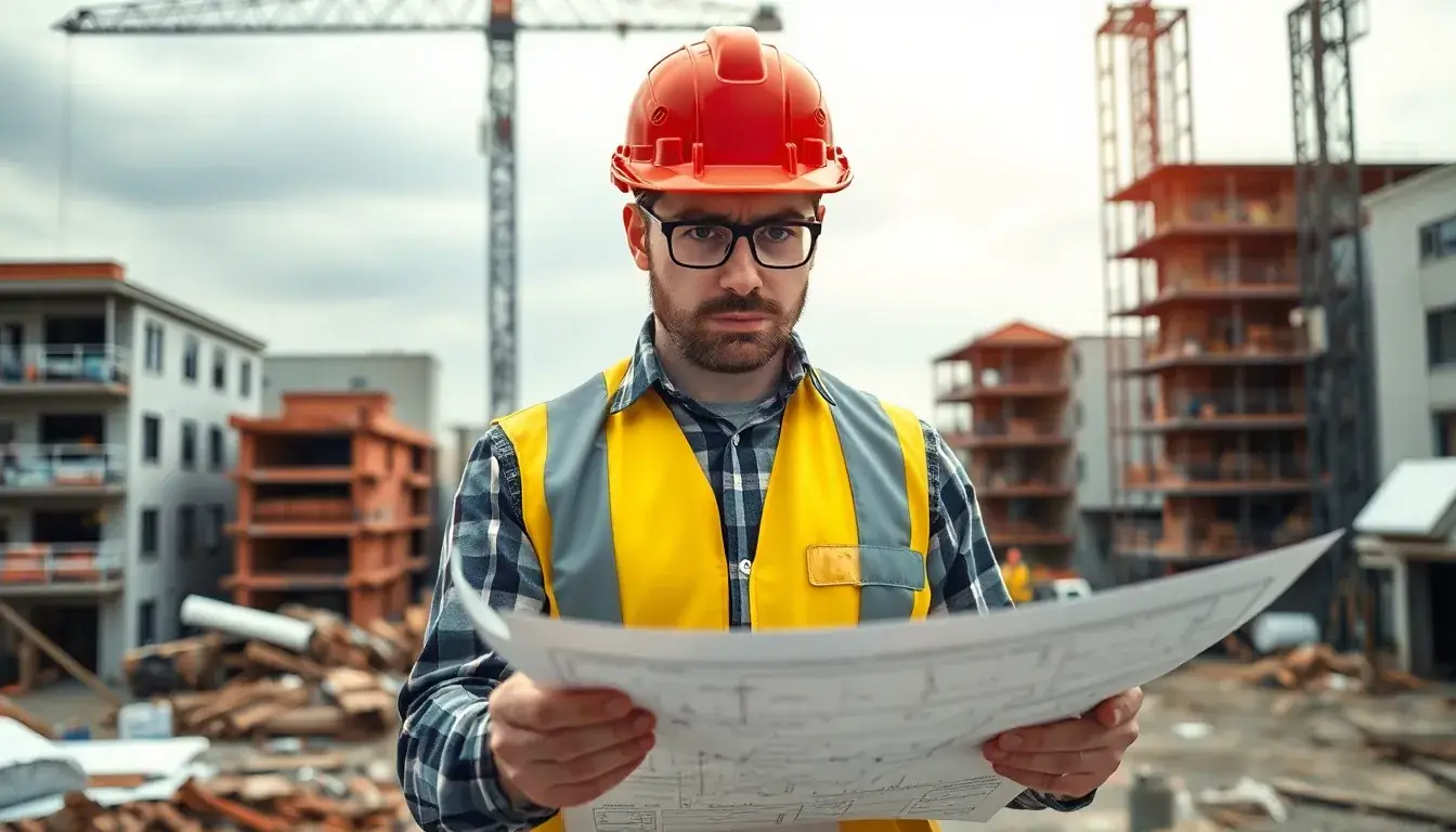 Frustrierter Bauleiter vor komplexen Plänen