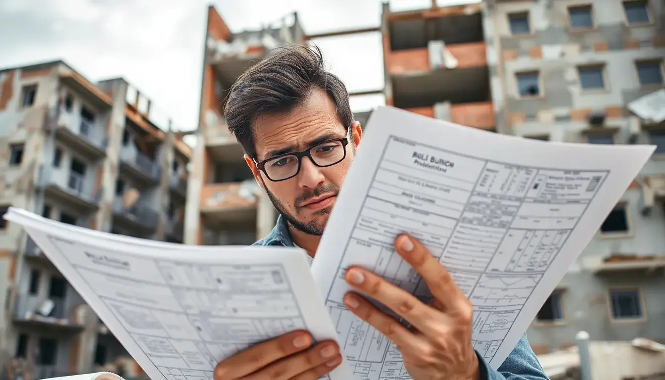 Person überfordert mit Rückbau-Genehmigungen und Bauplänen