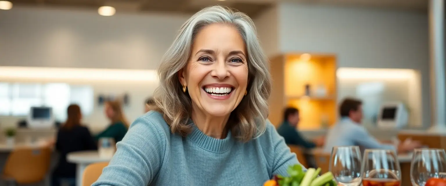 Glückliche Frau lächelt mit Straumann Zahnimplantaten
