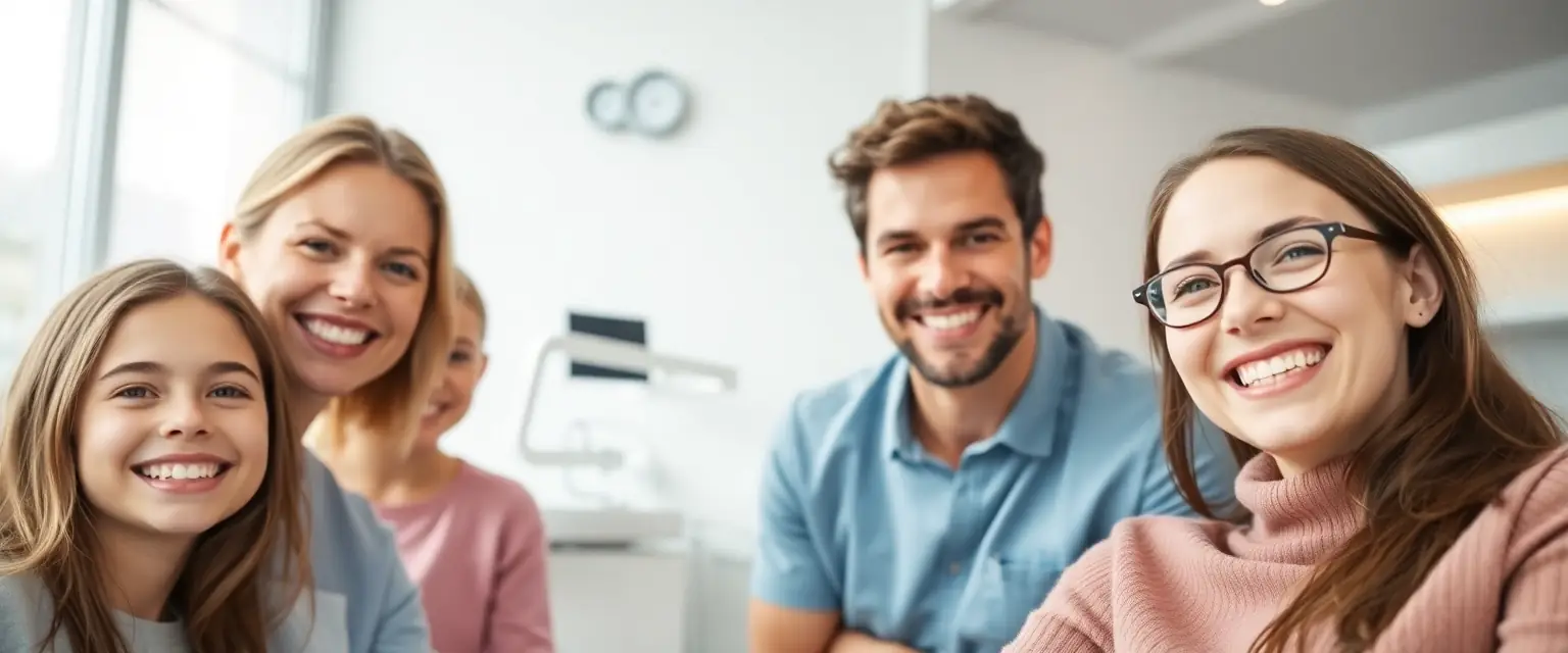 Glückliche Familie mit gesunden Zähnen in einer modernen Zahnarztpraxis nahe Roggwil