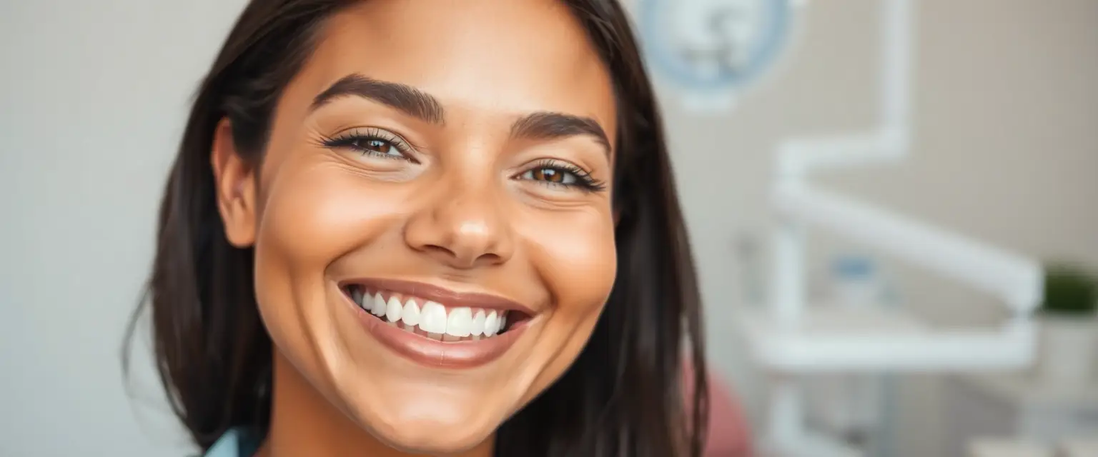 Glückliche Person mit neuem Zahnersatz nach nur einem Besuch