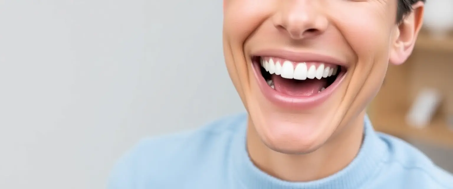 Glückliche Person mit strahlendem Lächeln nach Zahnimplantat-Behandlung