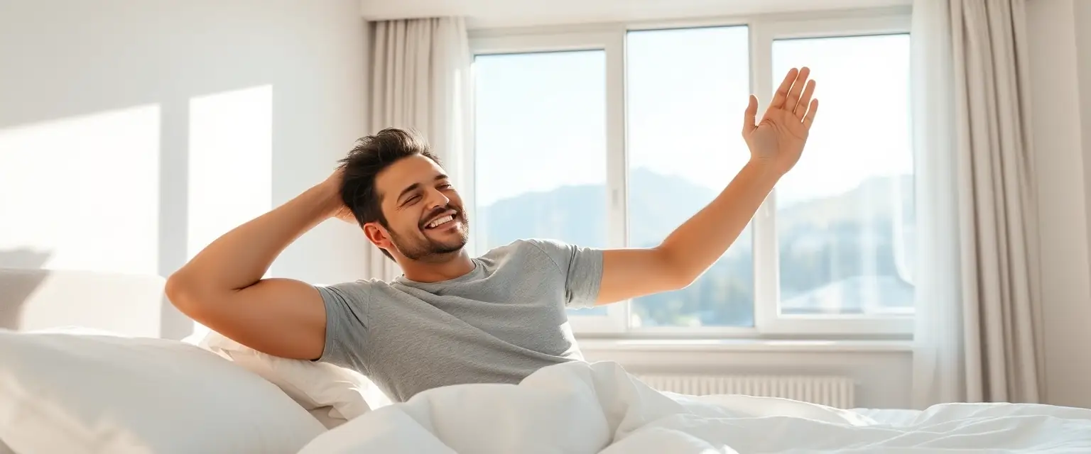 Glückliche Person nach erholsamem Schlaf dank Aufbissschiene