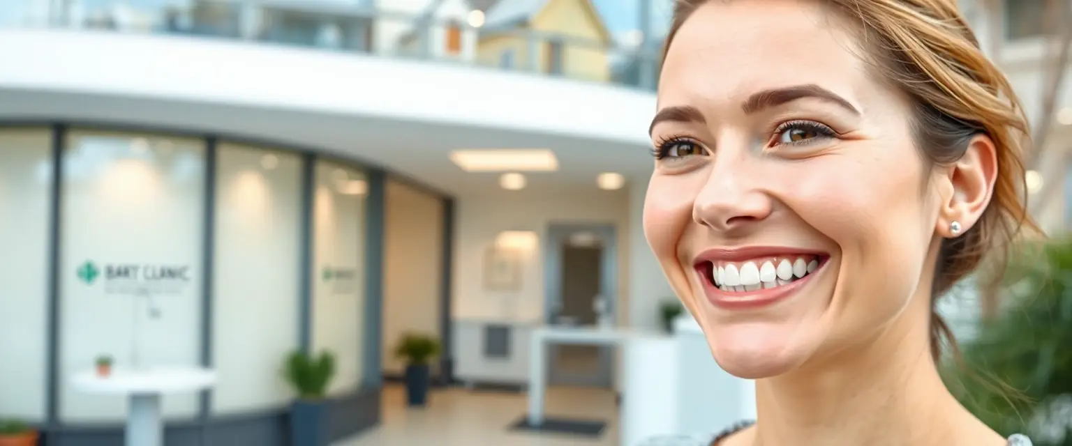 Glückliche Patientin nach Dentalhygiene in moderner Zahnarztpraxis in Hägendorf