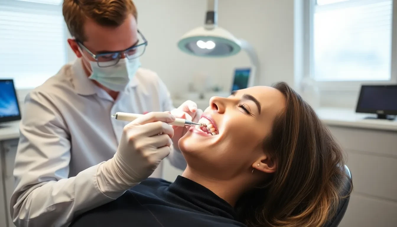 Zahnarzt führt professionelles Bleaching durch