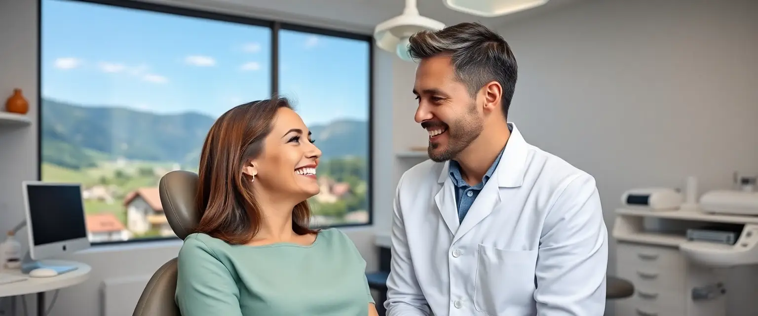 Moderne Zahnarztpraxis in Gunzgen mit lächelndem Zahnarzt und Patientin