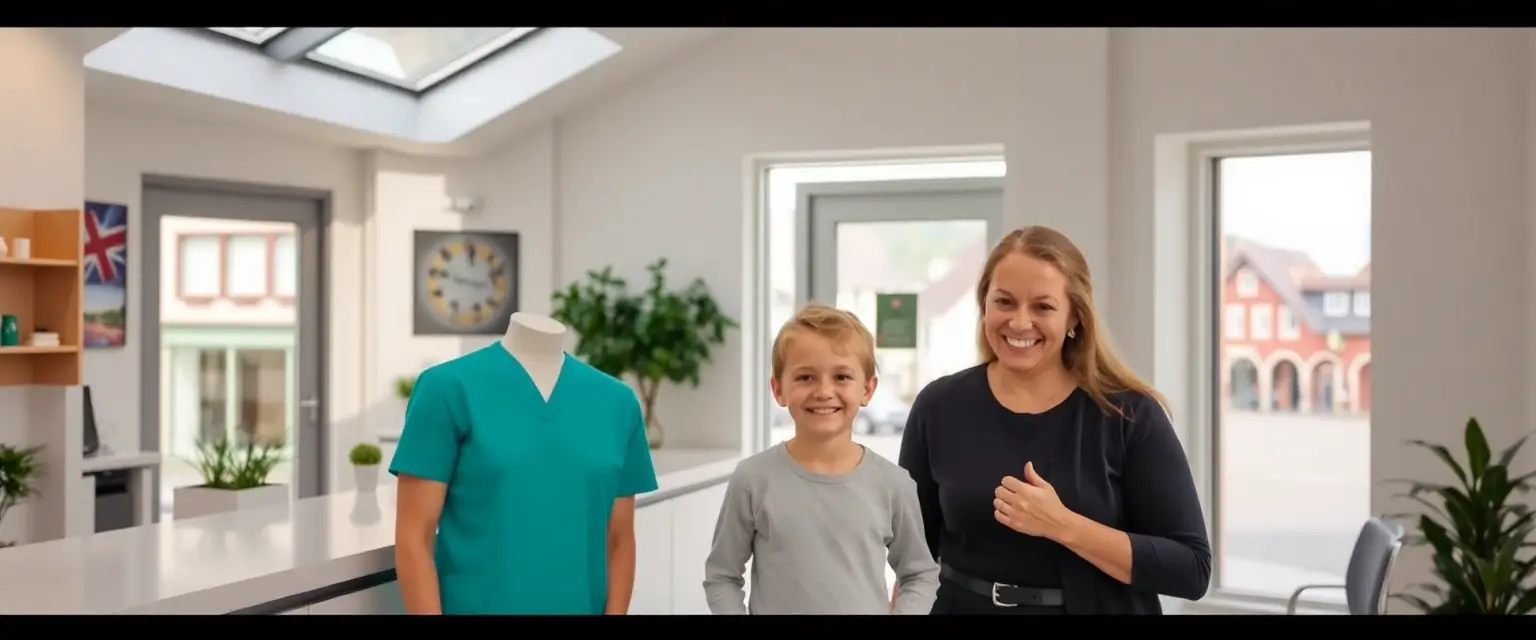 Moderne Zahnarztpraxis in Hägendorf mit lächelnden Patienten und Dorfplatz im Hintergrund