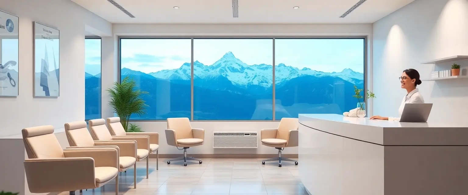 Moderne Zahnarztpraxis in Kappel mit freundlicher Atmosphäre und Blick auf die Schweizer Alpen