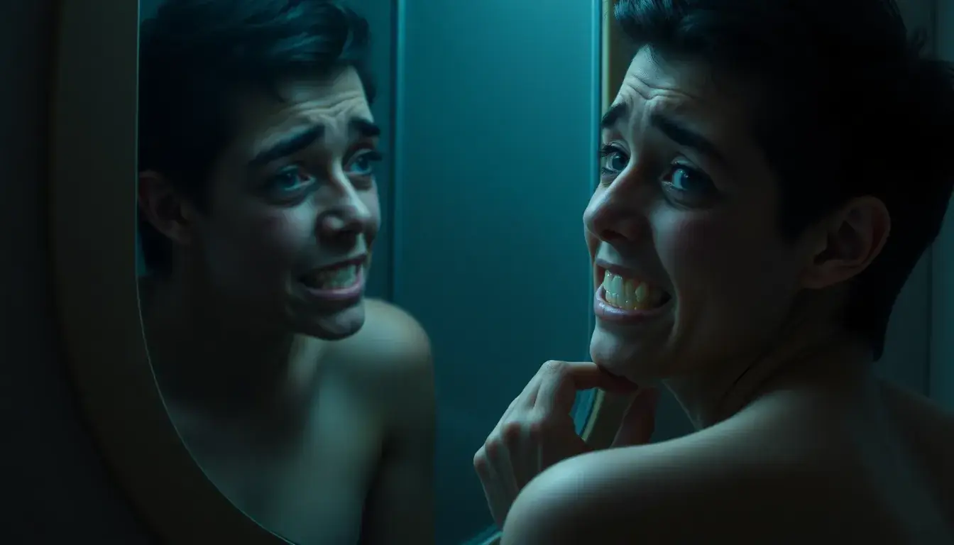Person betrachtet ihre schiefen Zähne im Spiegel mit besorgtem Blick