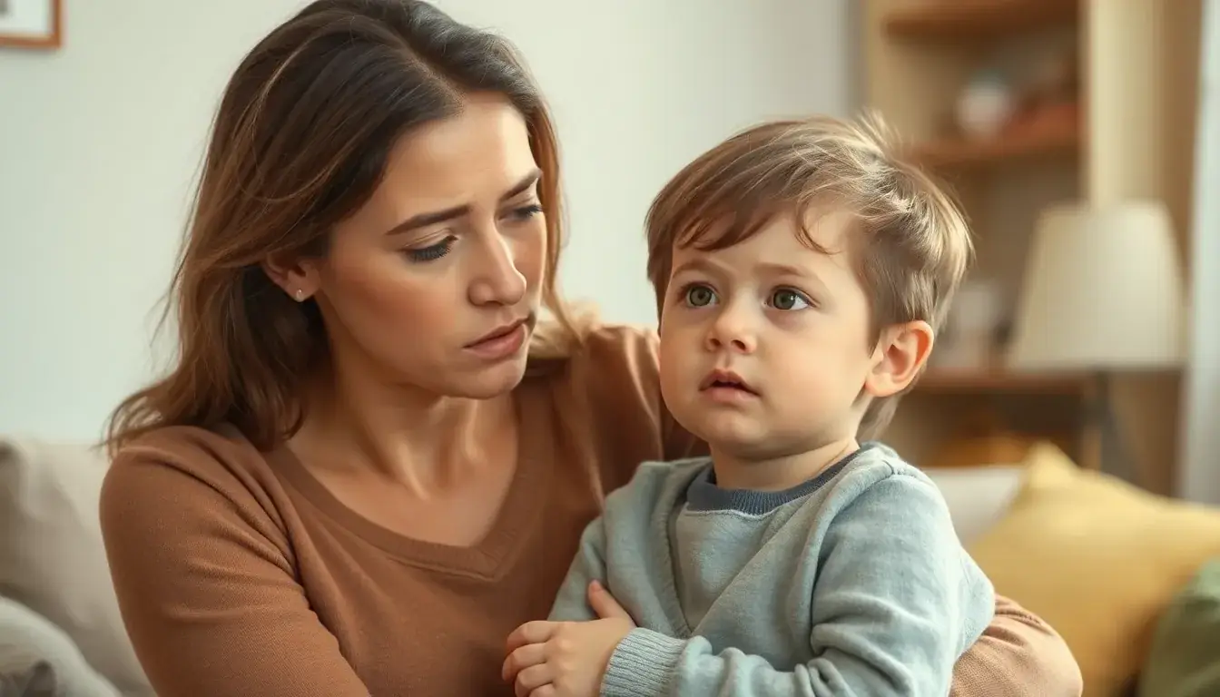 Besorgte Mutter tröstet ängstliches Kind
