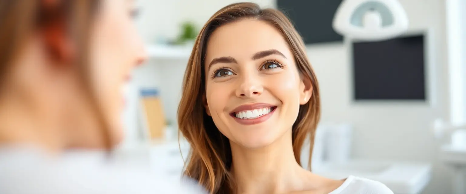 Frau mit strahlendem Lächeln nach Zahnbleaching beim Zahnarzt