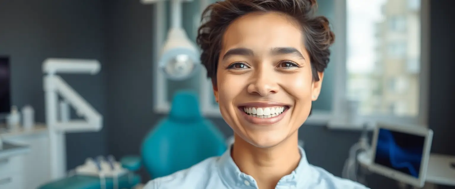 Glückliche Person mit neuem Zahnersatz an einem Tag