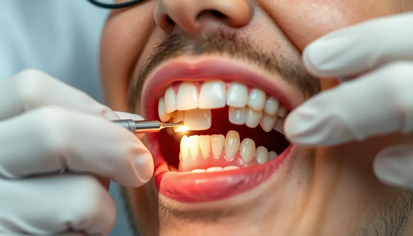 Zahnarzt setzt Zahnkrone ein