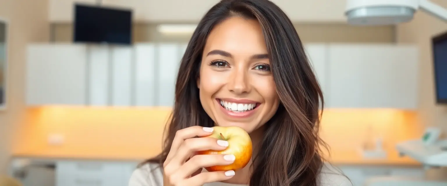 Glückliche Person mit neuem Zahnersatz, die unbeschwert lacht