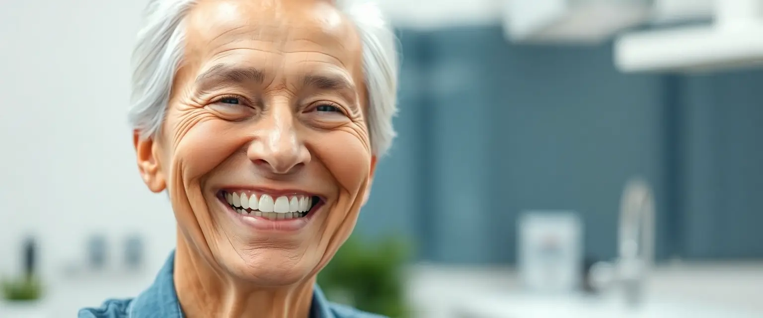 Glückliche Person mit neuem Zahnersatz für 2 Zähne