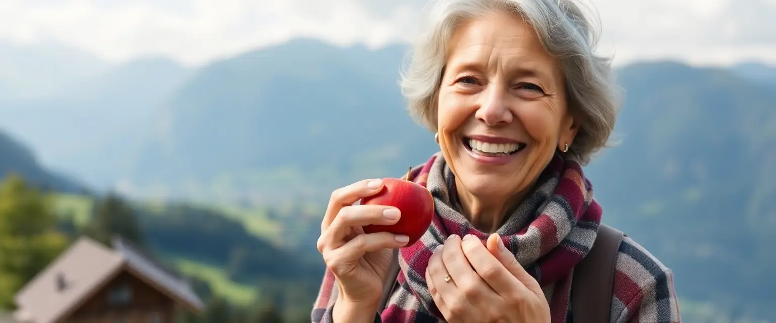 Glückliche Seniorin mit Zahnprothese in der Schweiz