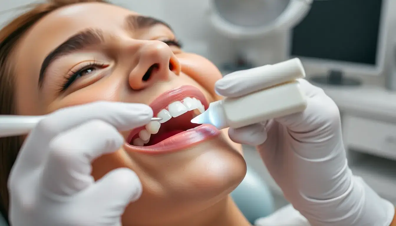 Zahnärztin beim Auftragen von Bleaching-Gel