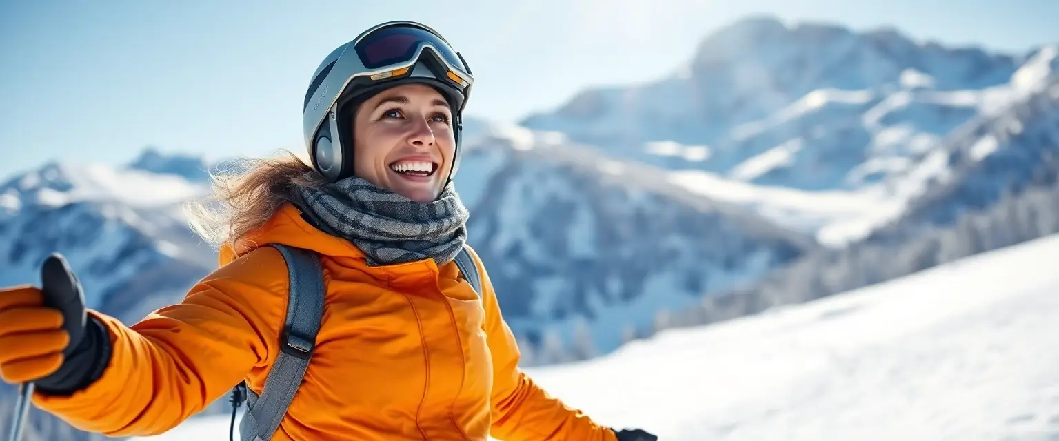 Glückliche Skifahrerin ohne Schmerzen