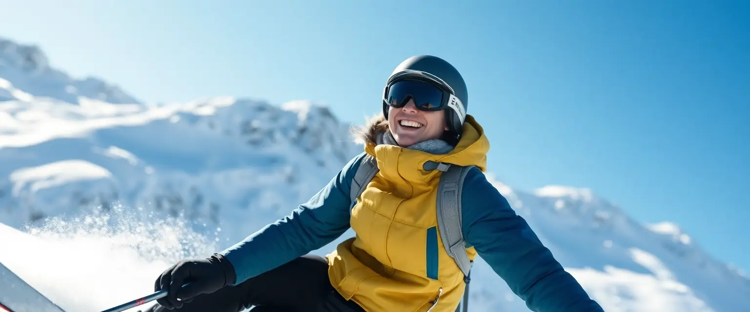 Glücklicher Skifahrer ohne Schmerzen dank angepasster Skischuhe