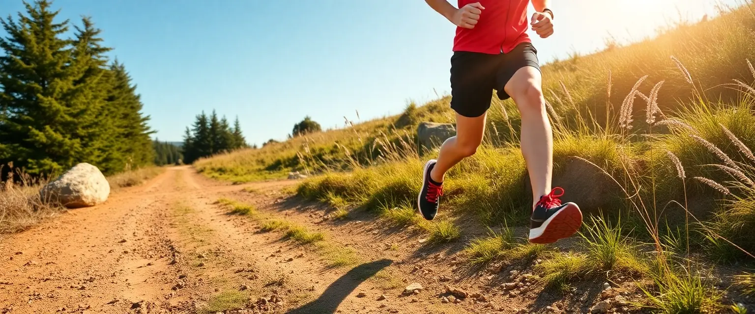 Glückliche Läuferin mit orthopädischen Einlegesohlen schmerzfrei in der Natur