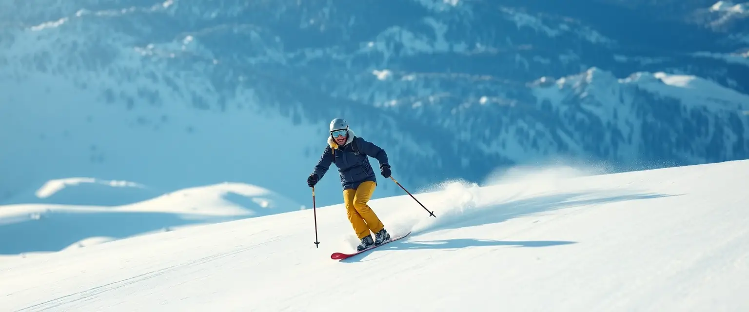 Glücklicher Skifahrer ohne Schmerzen auf der Piste