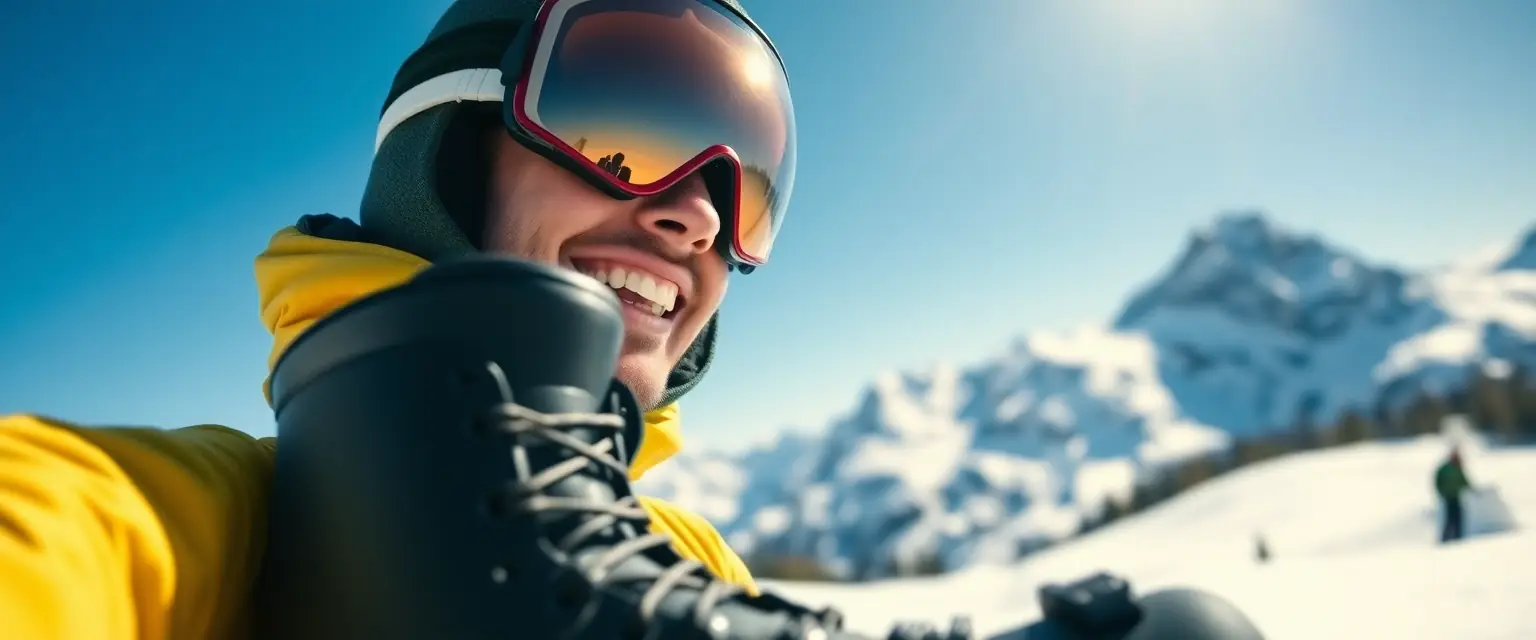 Glücklicher Skifahrer mit perfekt angepassten Skischuhen, schmerzfrei