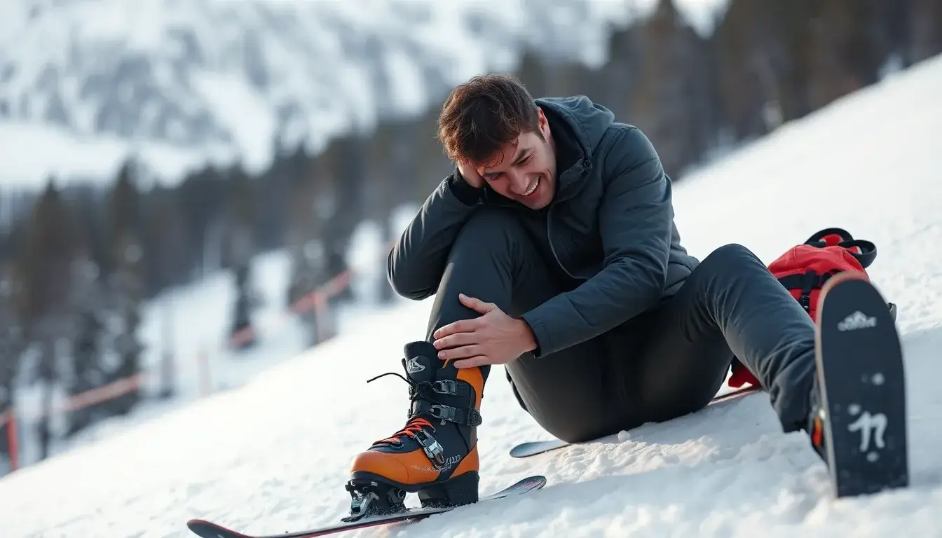 Frustrierter Skifahrer mit Schmerzen im Skischuh