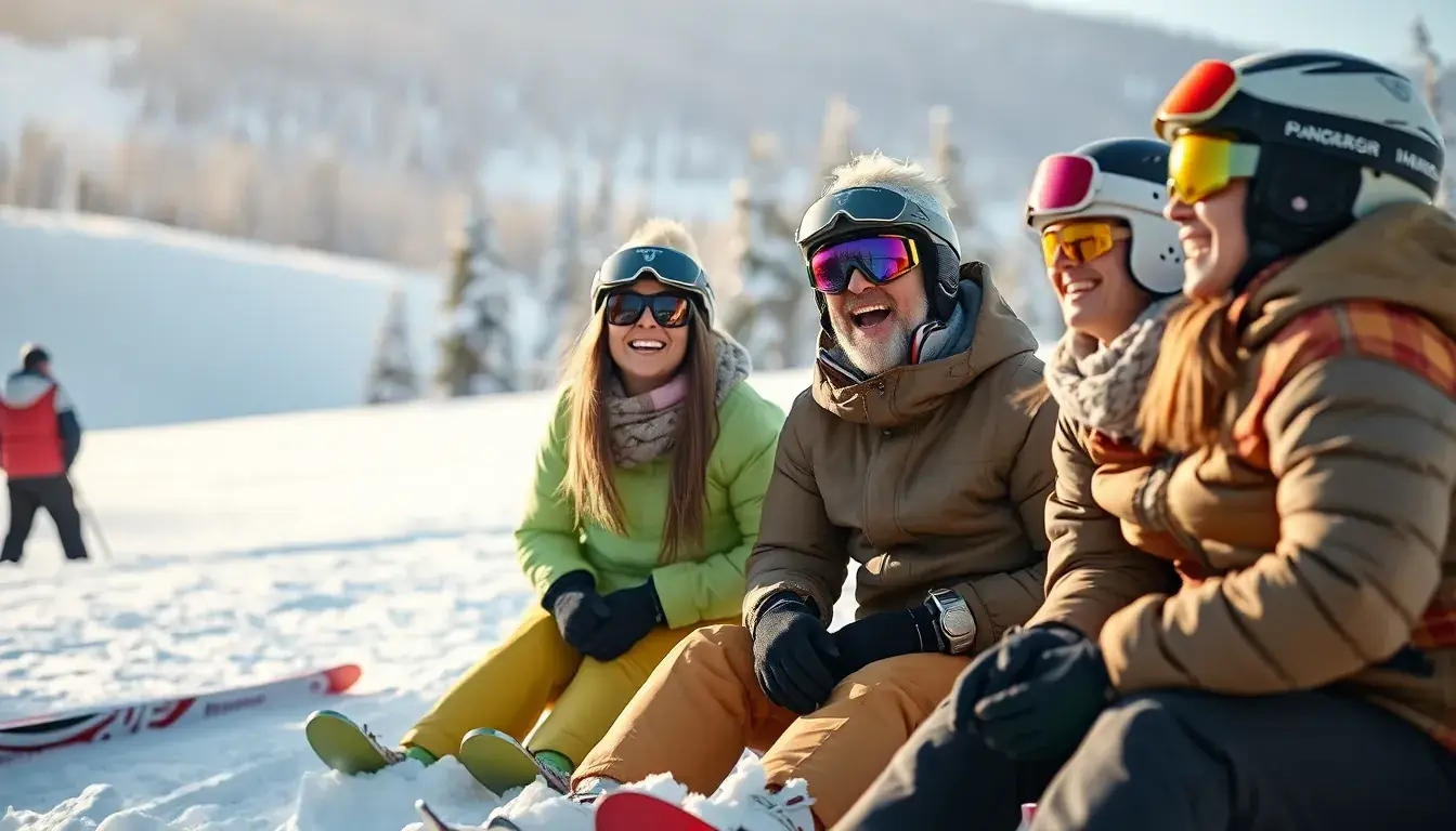 Freunde geniessen Skitag ohne Schmerzen